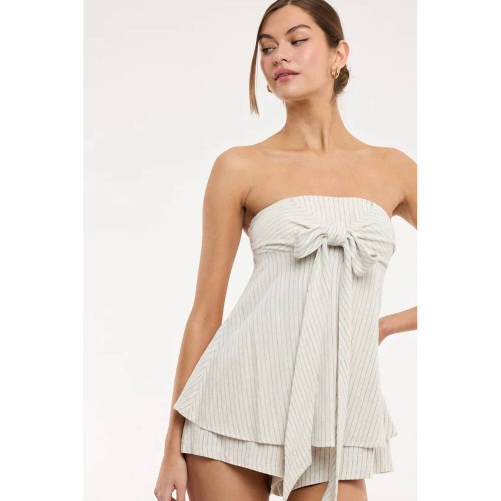 NEW SKY TO MOON luna coast strapless striped tie-front romper in natural stripe